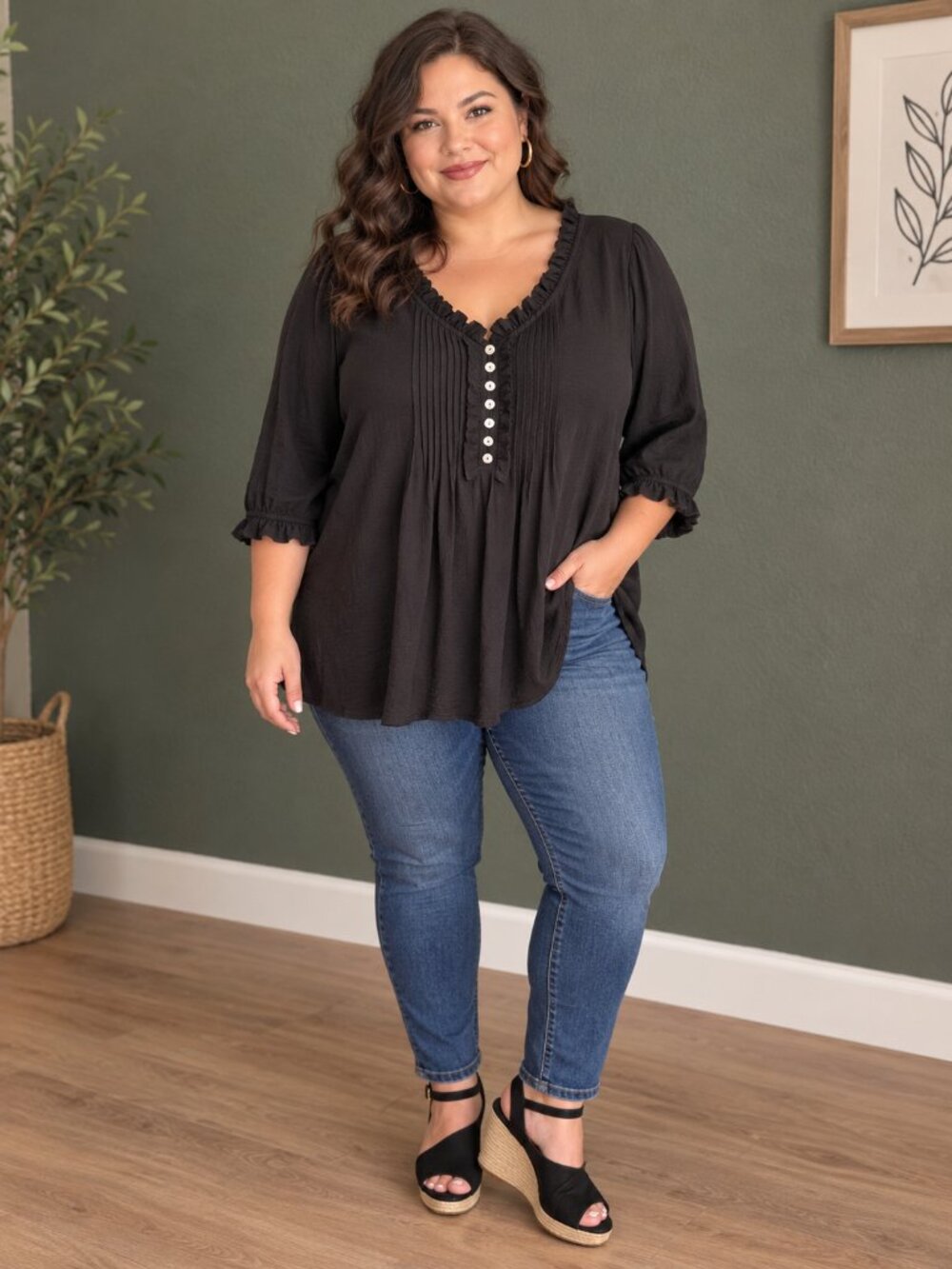 Evans ruffle hem Henley tunic top NEW